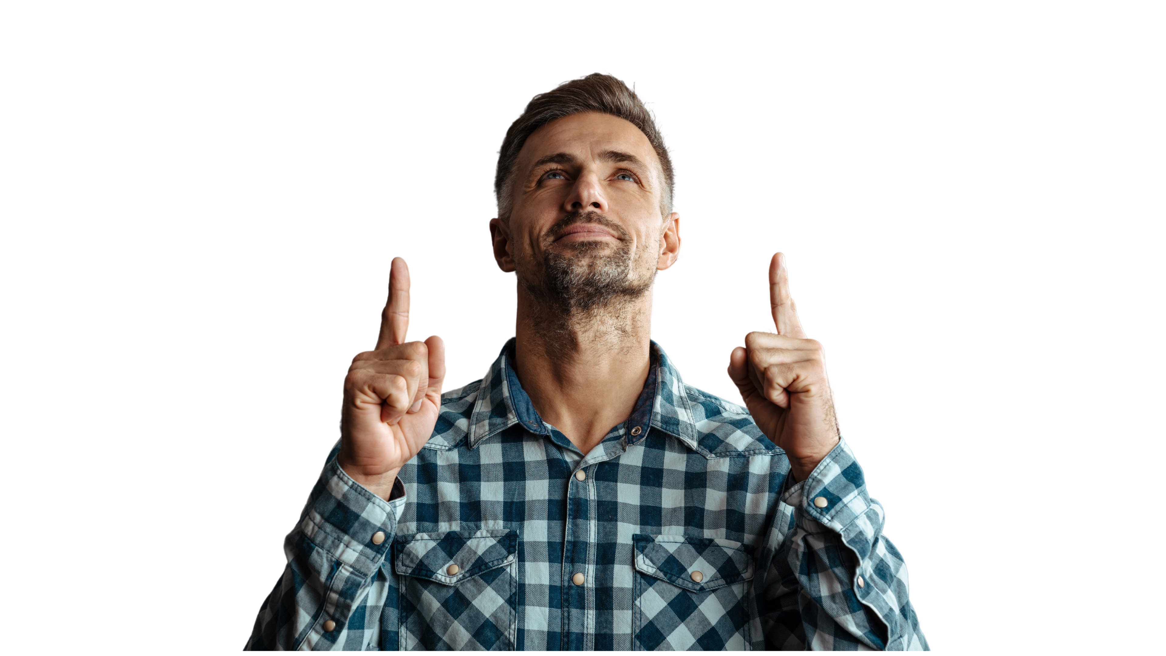 A man in a checkered shirt looks upward, smiling and raising both index fingers, indicating positivity or celebration.